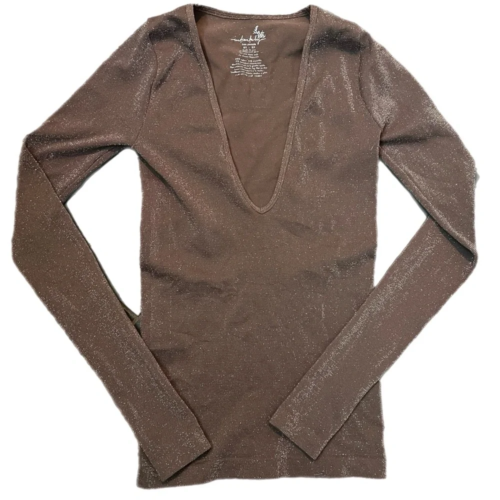 Free people brown shimmer deep v top